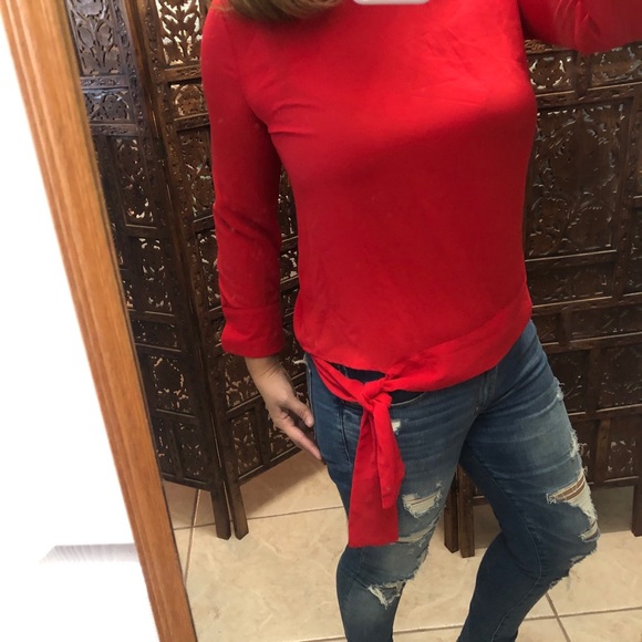 Cherry Red Chiffon Waist Tie Blouse Top Small - Picture 3 of 3